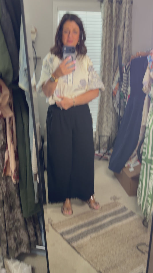 Black Frayed Hem Wide Leg Pants