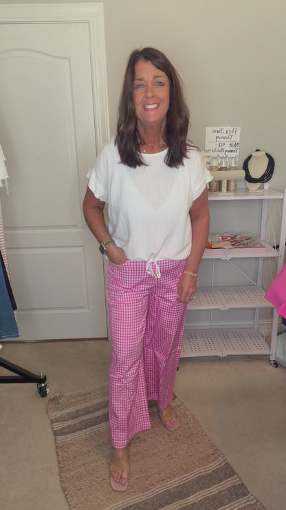 Gingham Wide Leg Pant-Pink