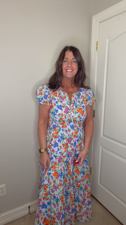 Blue Multi Flower Print Midi Dress