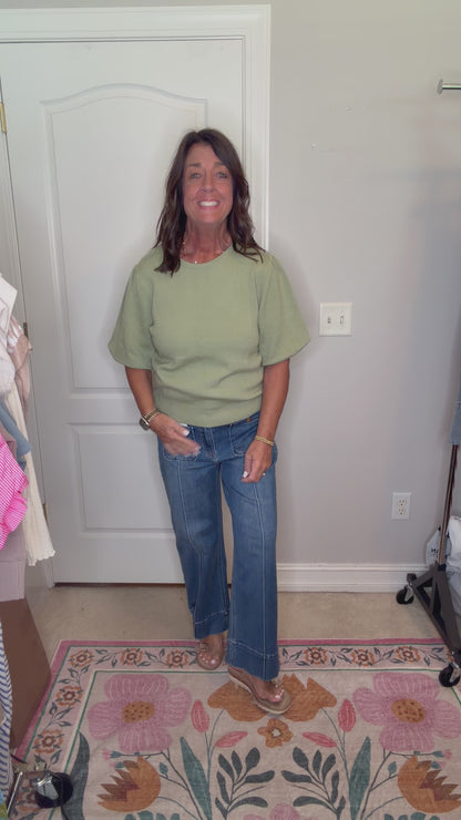 Maryann Solid Olive Knit Bubble Sleeve Top