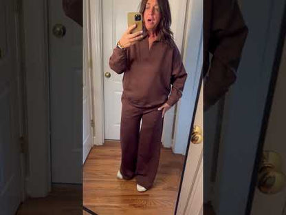 Brown Scuba Collared Pullover Pants Set
