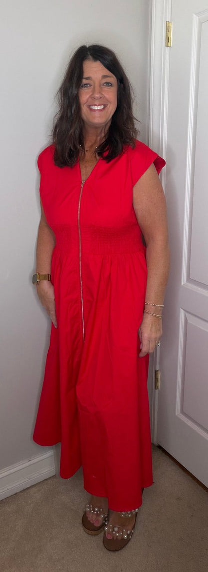 Red Drop Shoulder Smocked Waist Midi Dress - Simply Pink Boutique