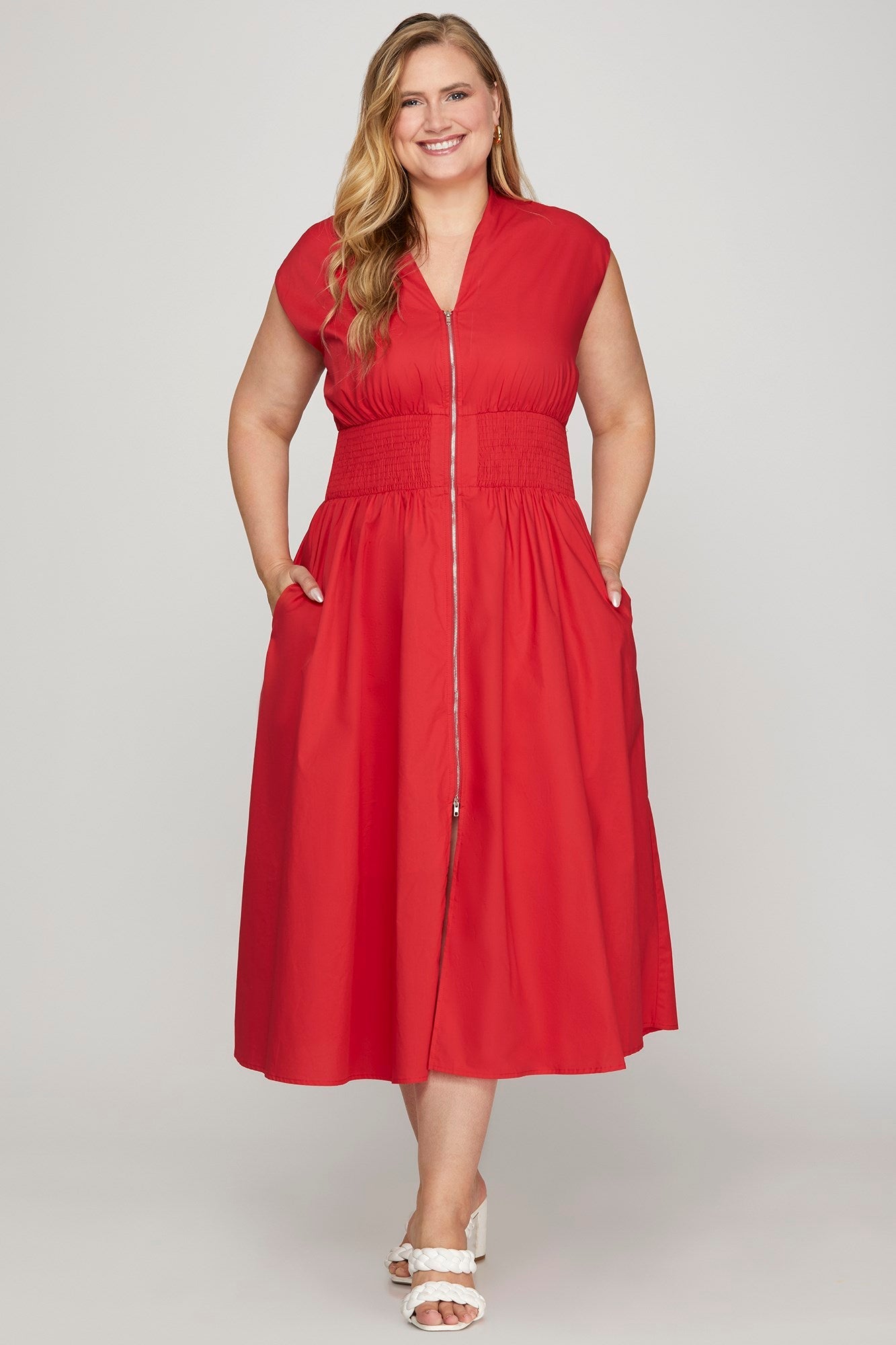 Red Drop Shoulder Smocked Waist Midi Dress - Simply Pink Boutique