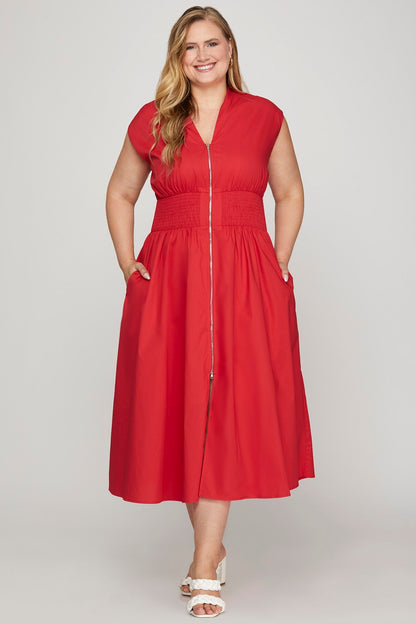 Red Drop Shoulder Smocked Waist Midi Dress - Simply Pink Boutique