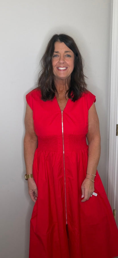 Red Drop Shoulder Smocked Waist Midi Dress - Simply Pink Boutique