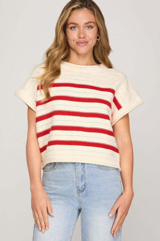Red Drop Sleeve Striped Knit Sweater Top - Simply Pink Boutique