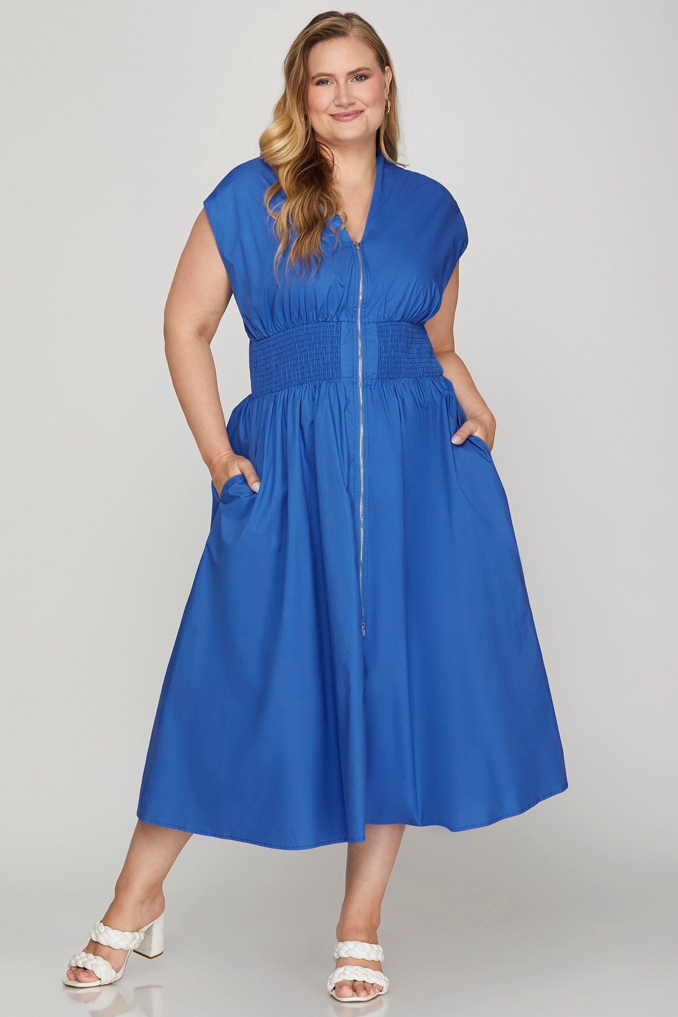 Royal Blue Drop Shoulder Smocked Waist Midi Dress - Simply Pink Boutique