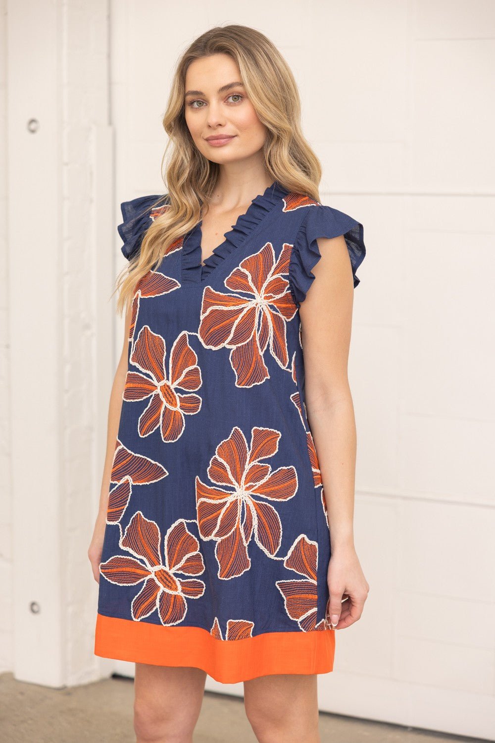 Ruffled V Neck Large Floral Embroidered Dress - Simply Pink Boutique