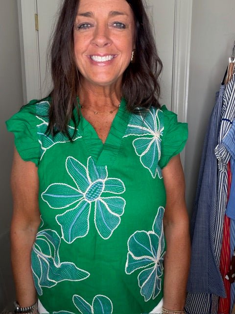Ruffled V Neck Large Floral Embroidered Top Green - Simply Pink Boutique
