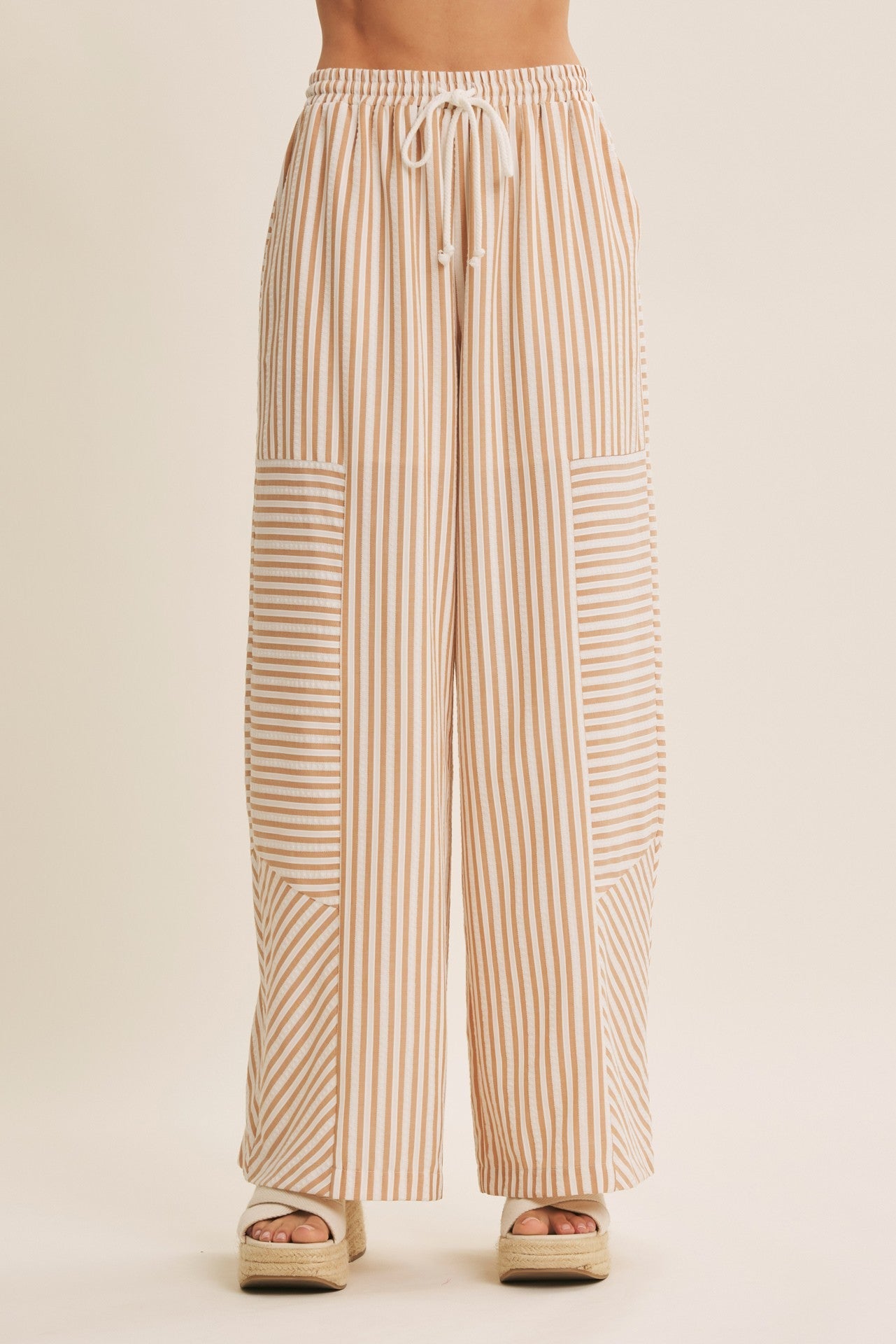 Salt Air Textured Stripe Wide Leg Pants - Khaki & White - Simply Pink Boutique