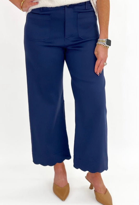 Scallop Hem wide Leg Navy Pants - Simply Pink Boutique