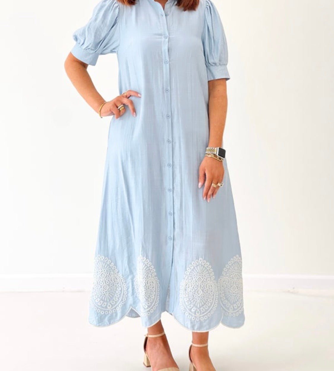 Sky Blue Embroidered Midi Dress - Simply Pink Boutique