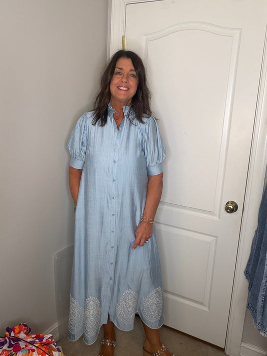 Sky Blue Embroidered Midi Dress - Simply Pink Boutique