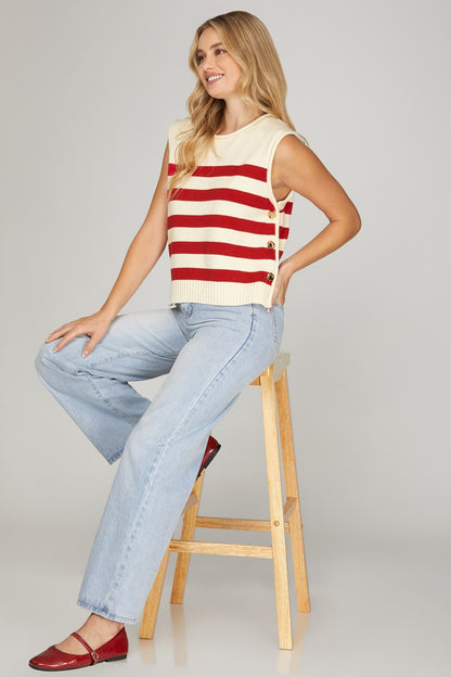 Sleeveless Striped Sweater Top with Side Gold Buttons - Red - Simply Pink Boutique