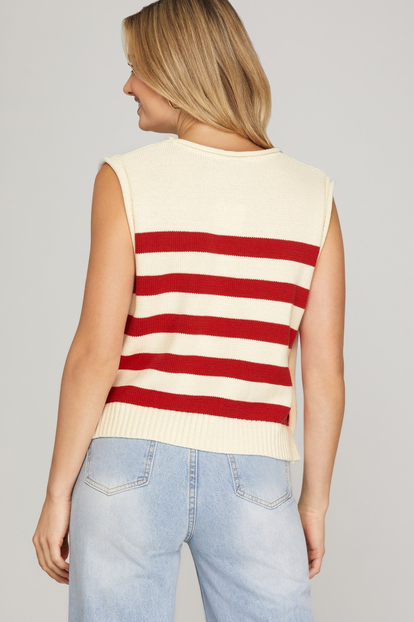 Sleeveless Striped Sweater Top with Side Gold Buttons - Red - Simply Pink Boutique