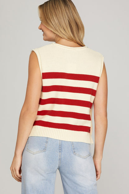 Sleeveless Striped Sweater Top with Side Gold Buttons - Red - Simply Pink Boutique