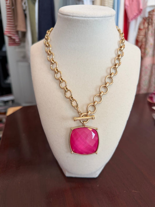 Square Stone Pendant Necklace - Fuchsia - Simply Pink Boutique