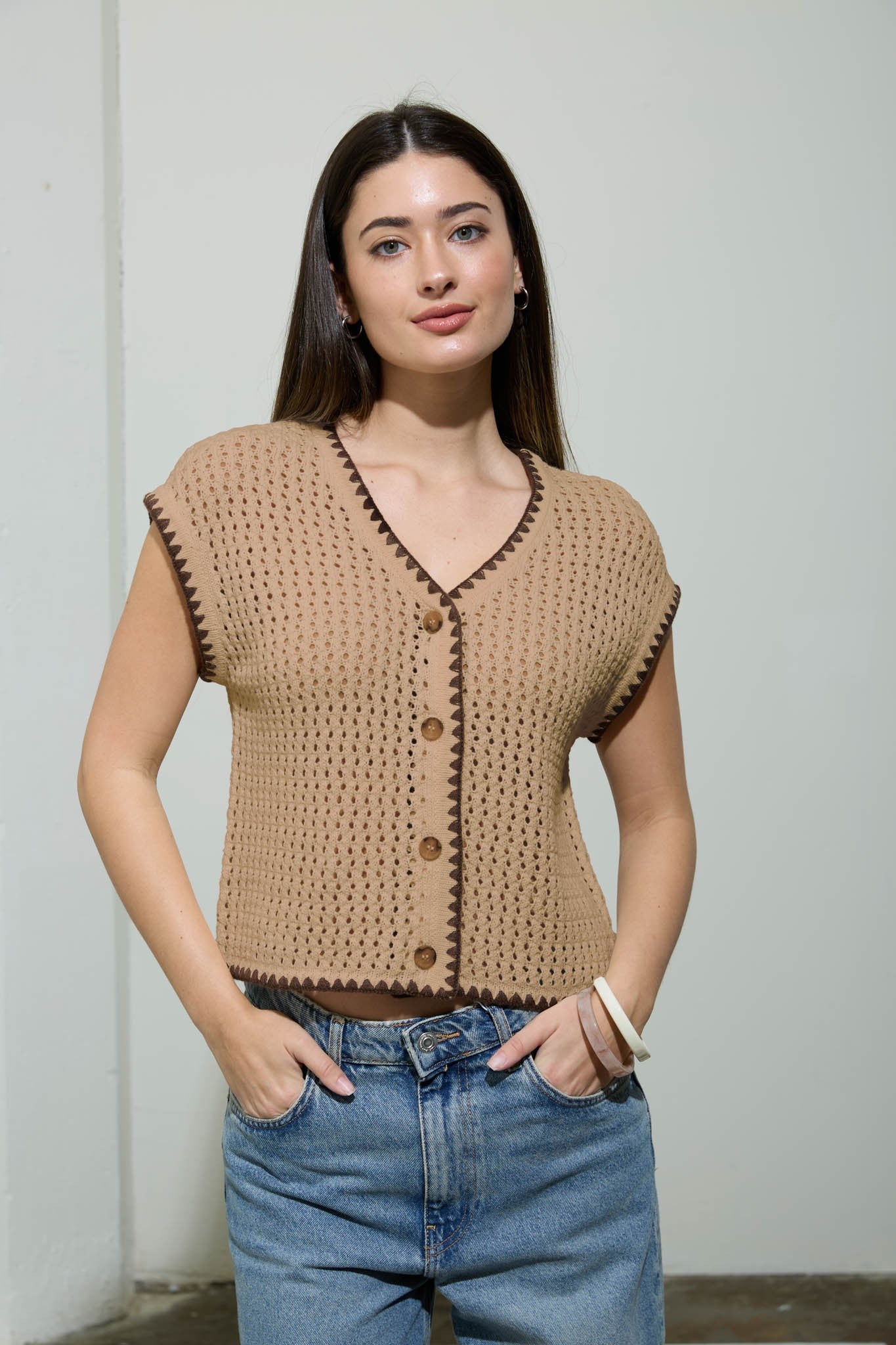 Stitch Crochet Knit Short Sleeve Cardigan - Simply Pink Boutique