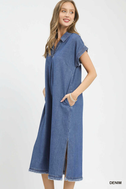 Stone Washed Collared Denim Midi Dress - Simply Pink Boutique