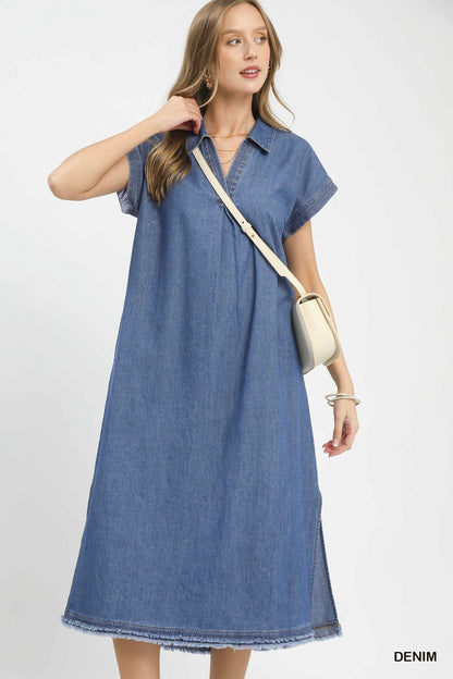 Stone Washed Collared Denim Midi Dress - Simply Pink Boutique