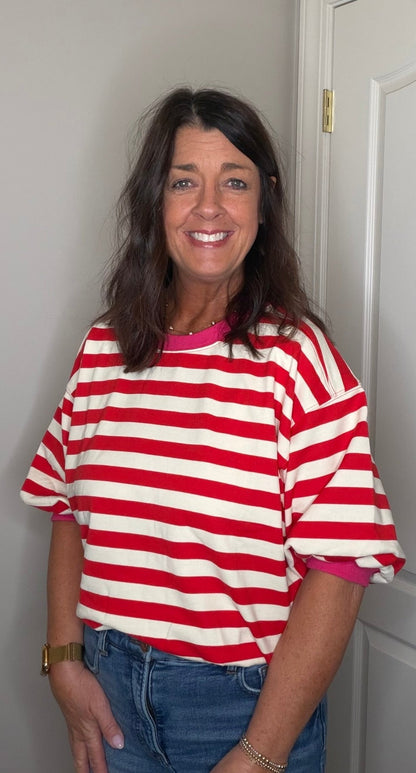 Stripe Bubble Sleeve Top - Red - Simply Pink Boutique