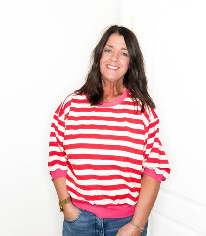 Stripe Bubble Sleeve Top - Red - Simply Pink Boutique