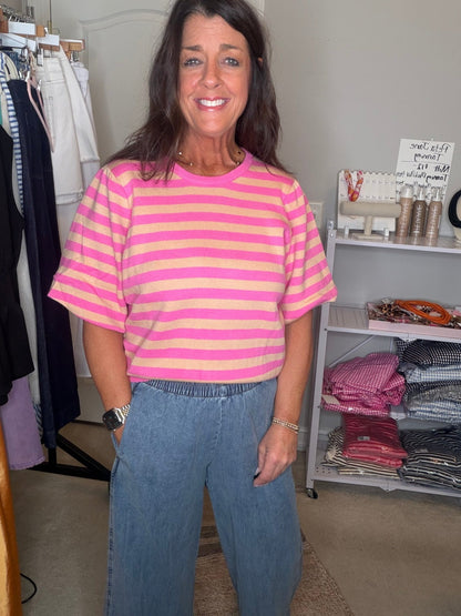 Stripe Printed Bubble Sleeve Knitted Top - Simply Pink Boutique