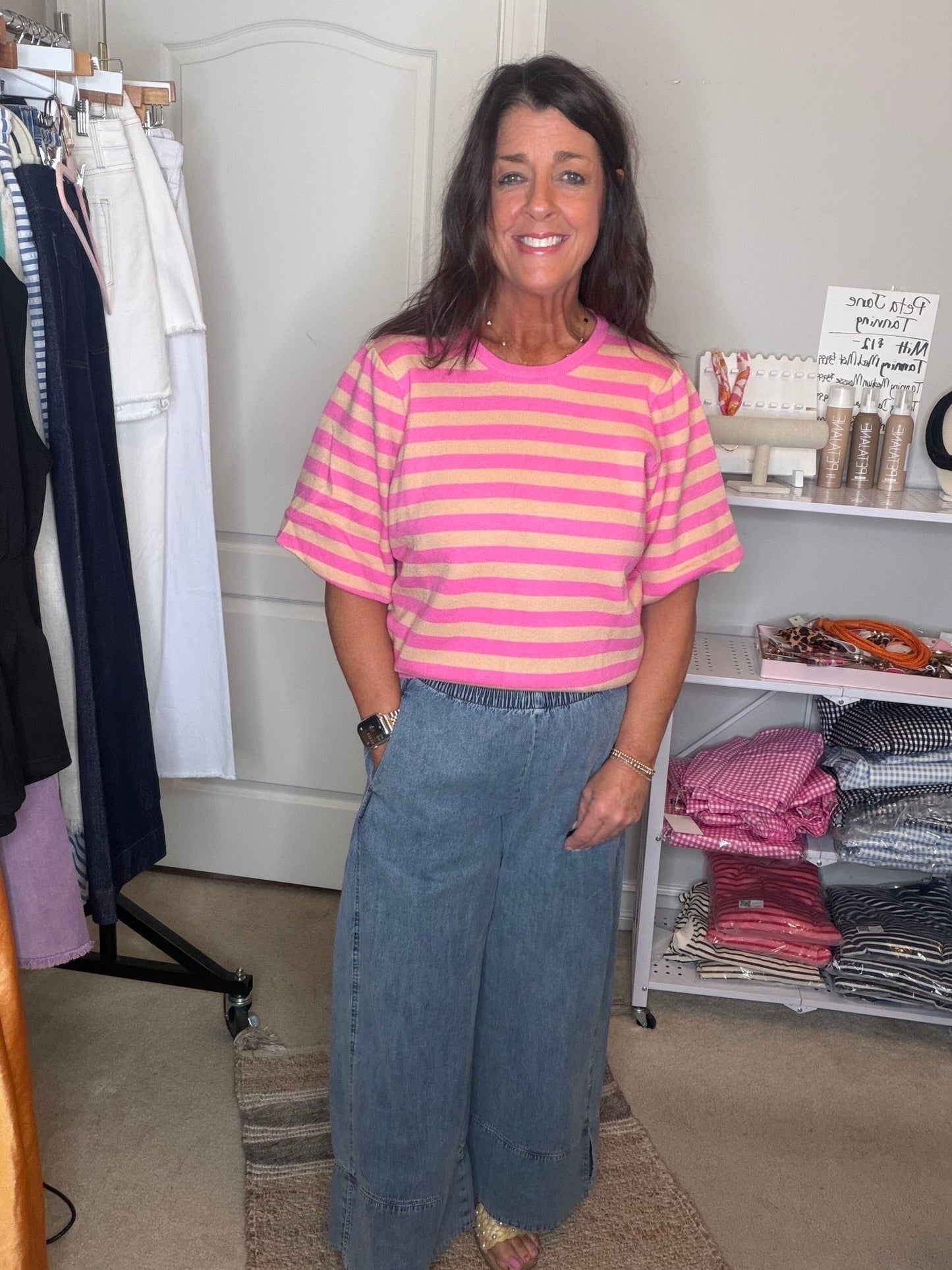 Stripe Printed Bubble Sleeve Knitted Top - Simply Pink Boutique