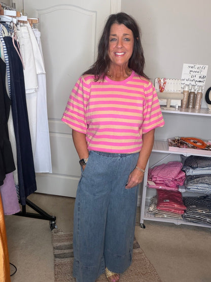 Stripe Printed Bubble Sleeve Knitted Top - Simply Pink Boutique