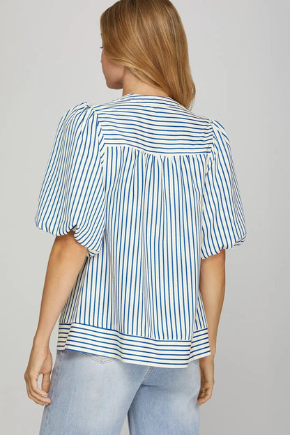 Striped Blue Short Sleeve Top - Simply Pink Boutique