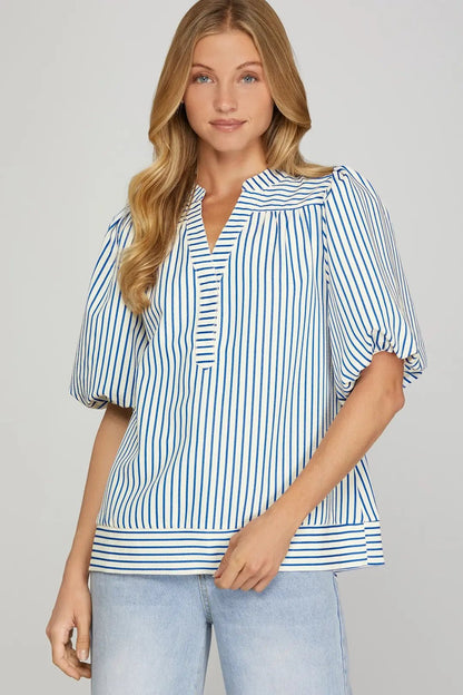 Striped Blue Short Sleeve Top - Simply Pink Boutique