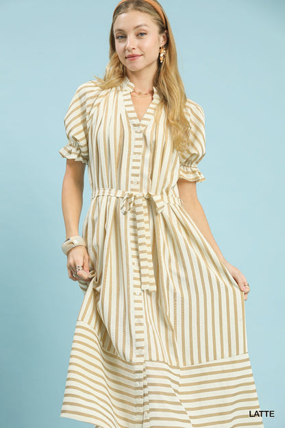Striped Button Down Midi Dress with belt - Latte - Simply Pink Boutique