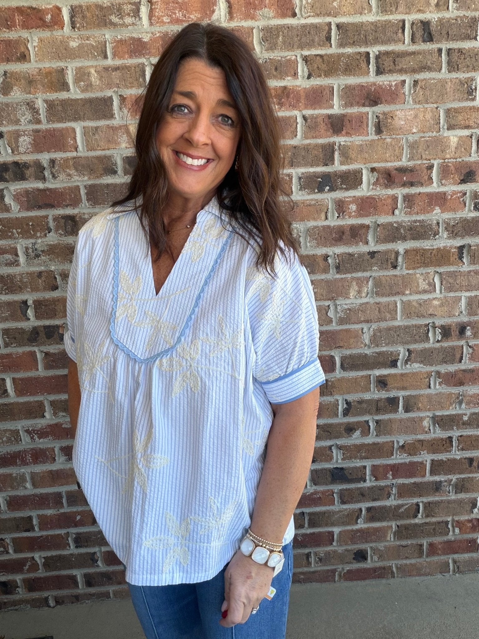 Striped Embroidered Blouse with Scallop Trim - Simply Pink Boutique