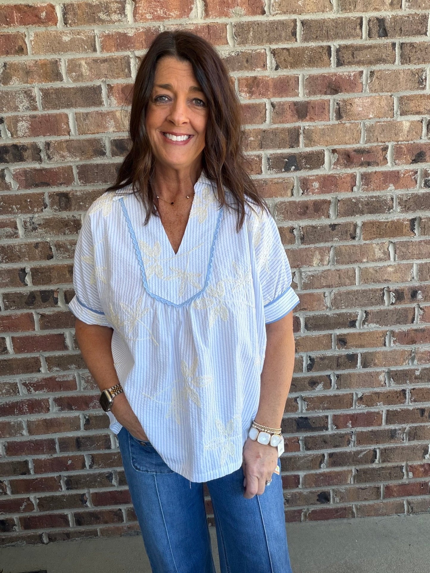 Striped Embroidered Blouse with Scallop Trim - Simply Pink Boutique