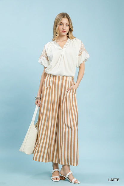 Striped Pleated Wide Leg Pants - Simply Pink Boutique