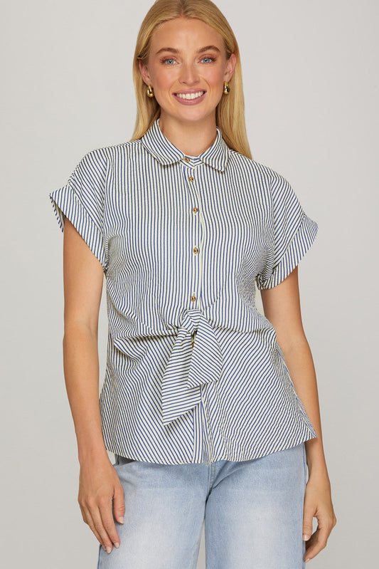 Striped Tie Front Top - Blue - Simply Pink Boutique
