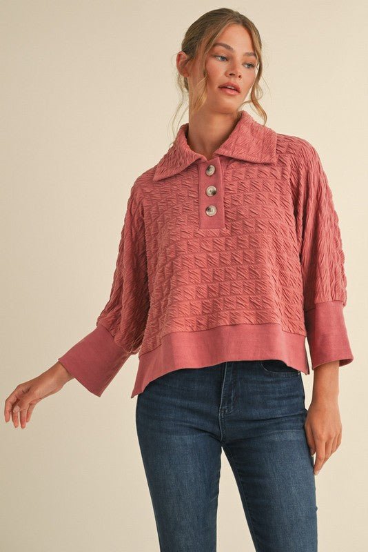 Textured 3/4 Kimono Sleeves Collar Top - Simply Pink Boutique