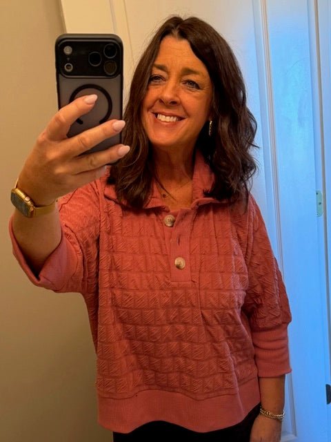 Textured 3/4 Kimono Sleeves Collar Top - Simply Pink Boutique