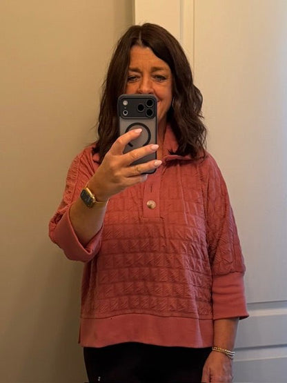 Textured 3/4 Kimono Sleeves Collar Top - Simply Pink Boutique