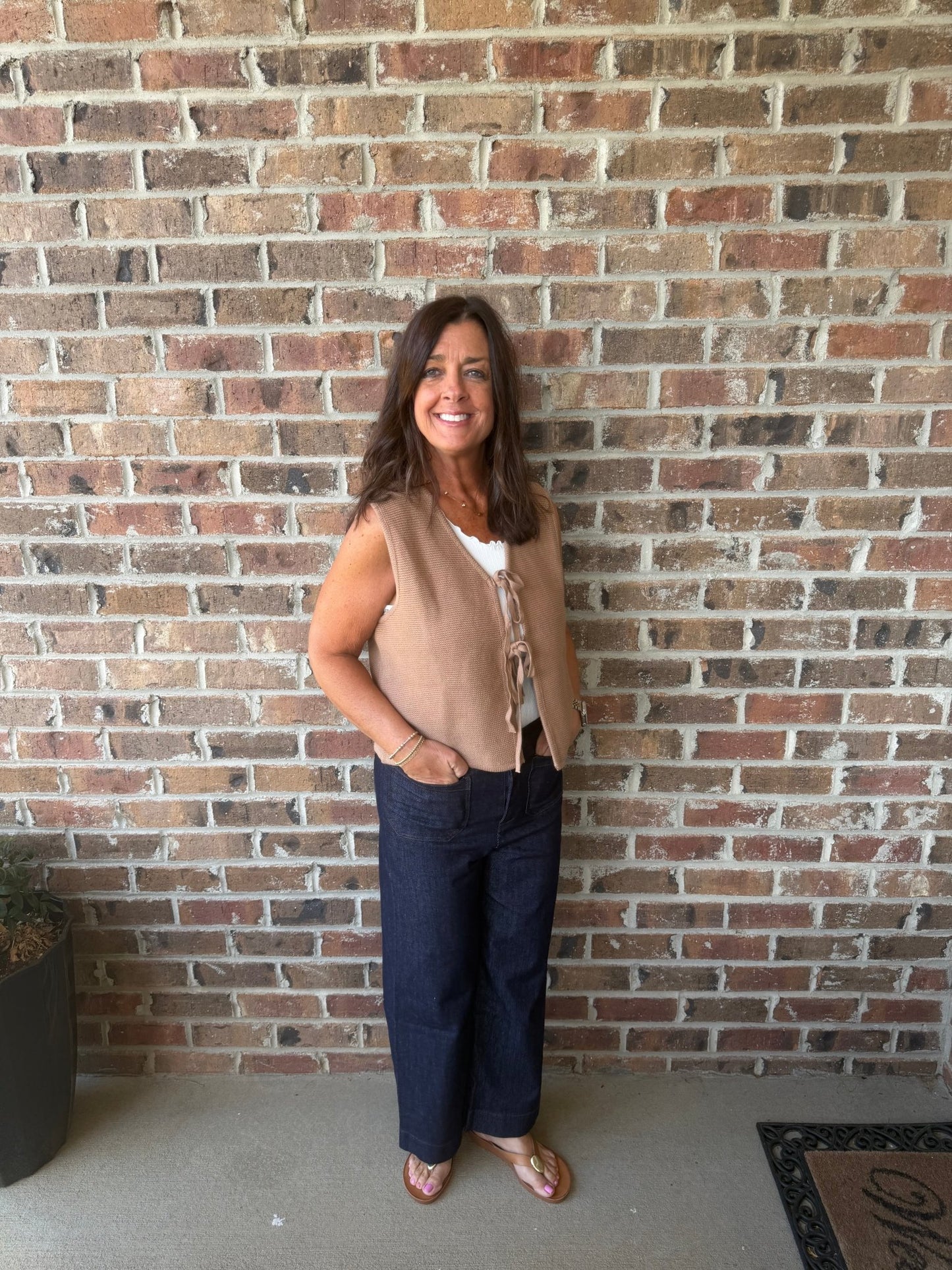 "Tie front knit vest in coco brown, 100% cotton sleeveless top – Simply Pink Boutique"