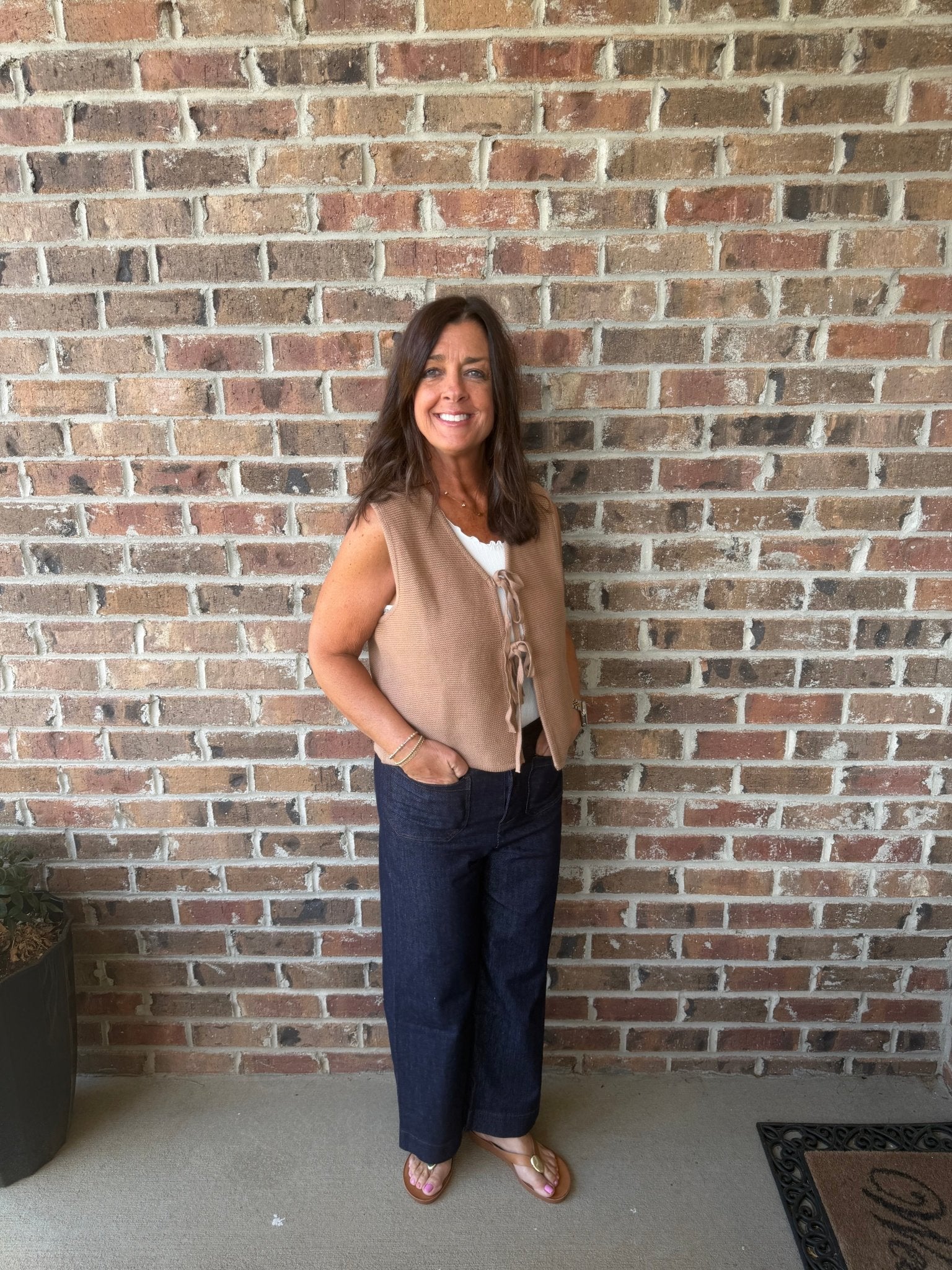 "Tie front knit vest in coco brown, 100% cotton sleeveless top – Simply Pink Boutique"