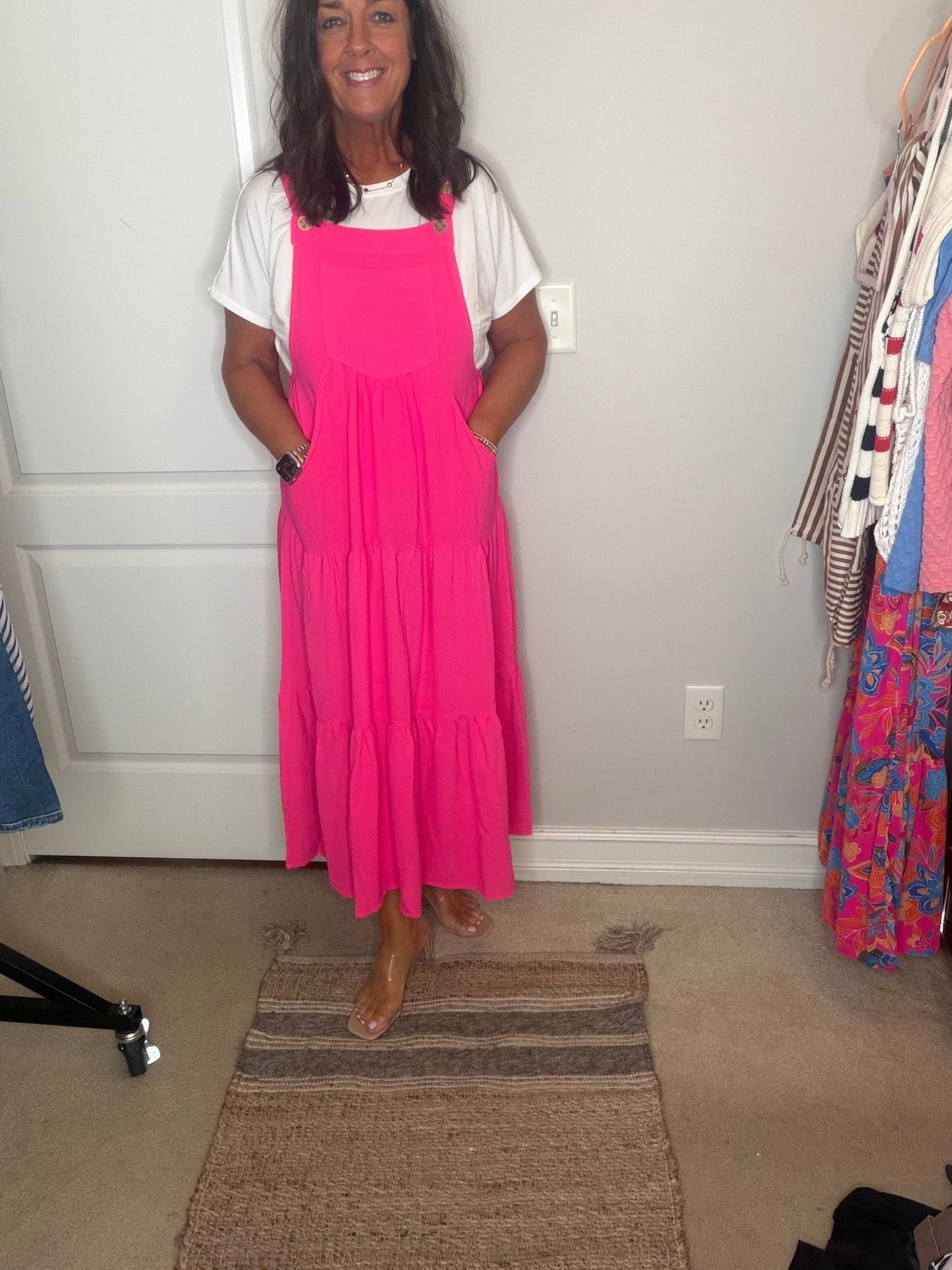 Tiered Button Midi Dress Electric Fuchsia - Simply Pink Boutique