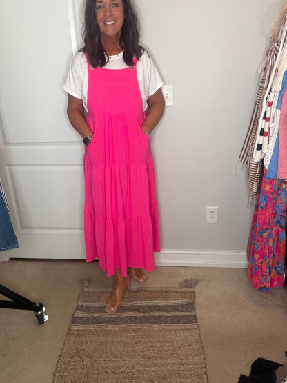 Tiered Button Midi Dress Electric Fuchsia - Simply Pink Boutique