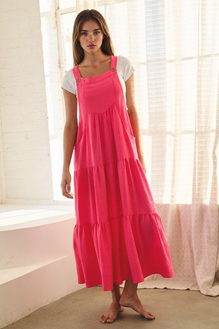 Tiered Button Midi Dress Electric Fuchsia - Simply Pink Boutique