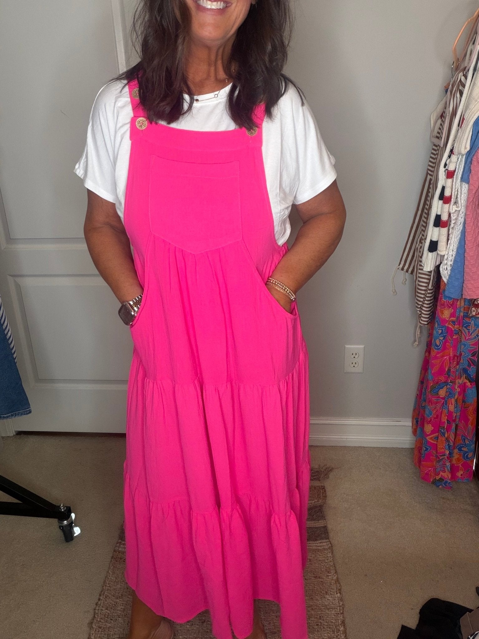 Tiered Button Midi Dress Electric Fuchsia - Simply Pink Boutique