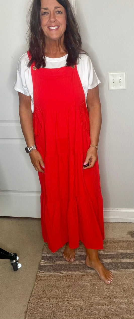 Tiered Button Midi Dress Poppy Red - Simply Pink Boutique