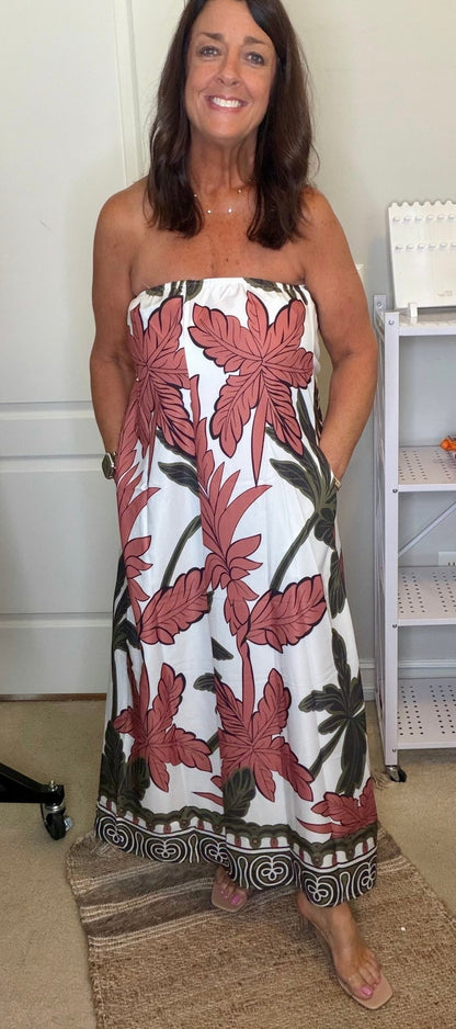 Tropical Print Strapless Maxi Dress - Simply Pink Boutique
