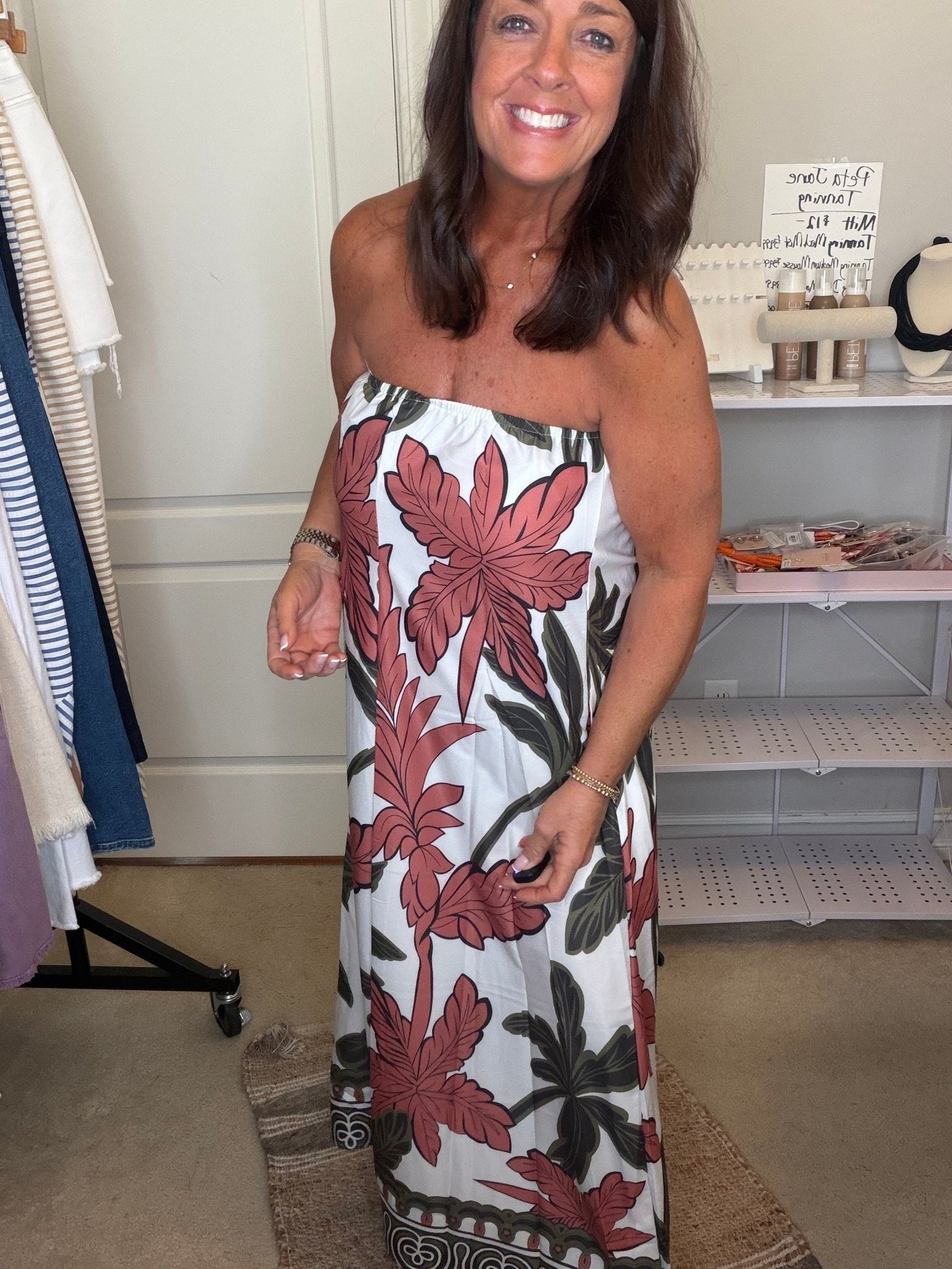 Tropical Print Strapless Maxi Dress - Simply Pink Boutique