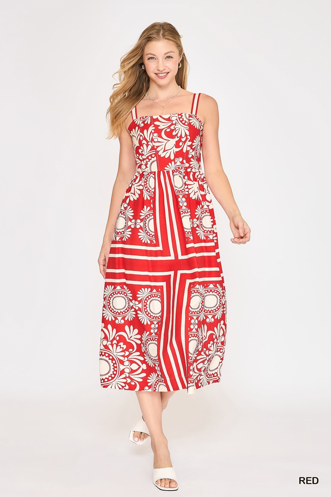 Two Tone Print Midi Dress - Red - Simply Pink Boutique