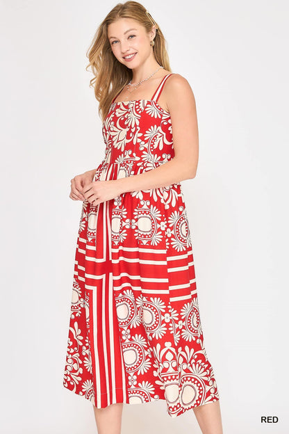 Two Tone Print Midi Dress - Red - Simply Pink Boutique